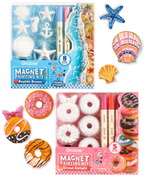 Magnet Painting Kit (DIY Refrigerator Magnet Kit) with seashell and donut designs, watercolor markers, and paint seals for crafting. 