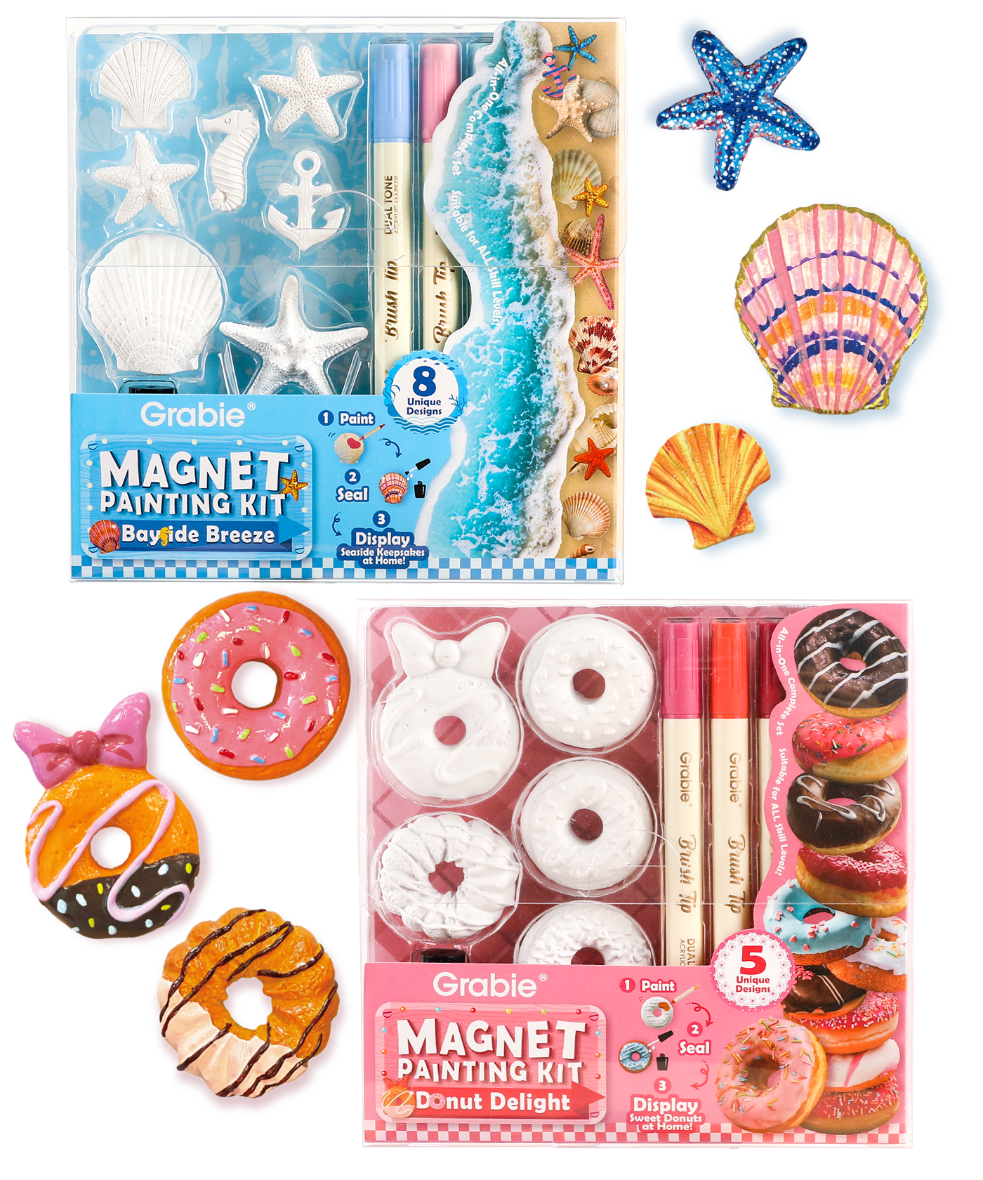Magnet Painting Kit (DIY Refrigerator Magnet Kit) with seashell and donut designs, watercolor markers, and paint seals for crafting. #Value-Bundle