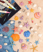 Magnet Painting Kit (DIY Refrigerator Magnet Kit) with painted sea shells, starfish, seahorses, and art supplies on table 