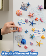 Bright colorful sea-themed magnets including shells and starfish on a fridge from Magnet Painting Kit (DIY Refrigerator Magnet Kit) 