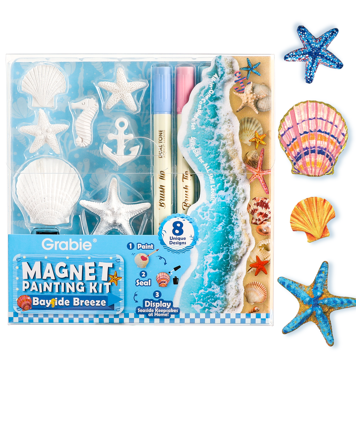 Magnet Painting Kit (DIY Refrigerator Magnet Kit) with seashell and starfish molds, blue and pink pens, seaside theme 