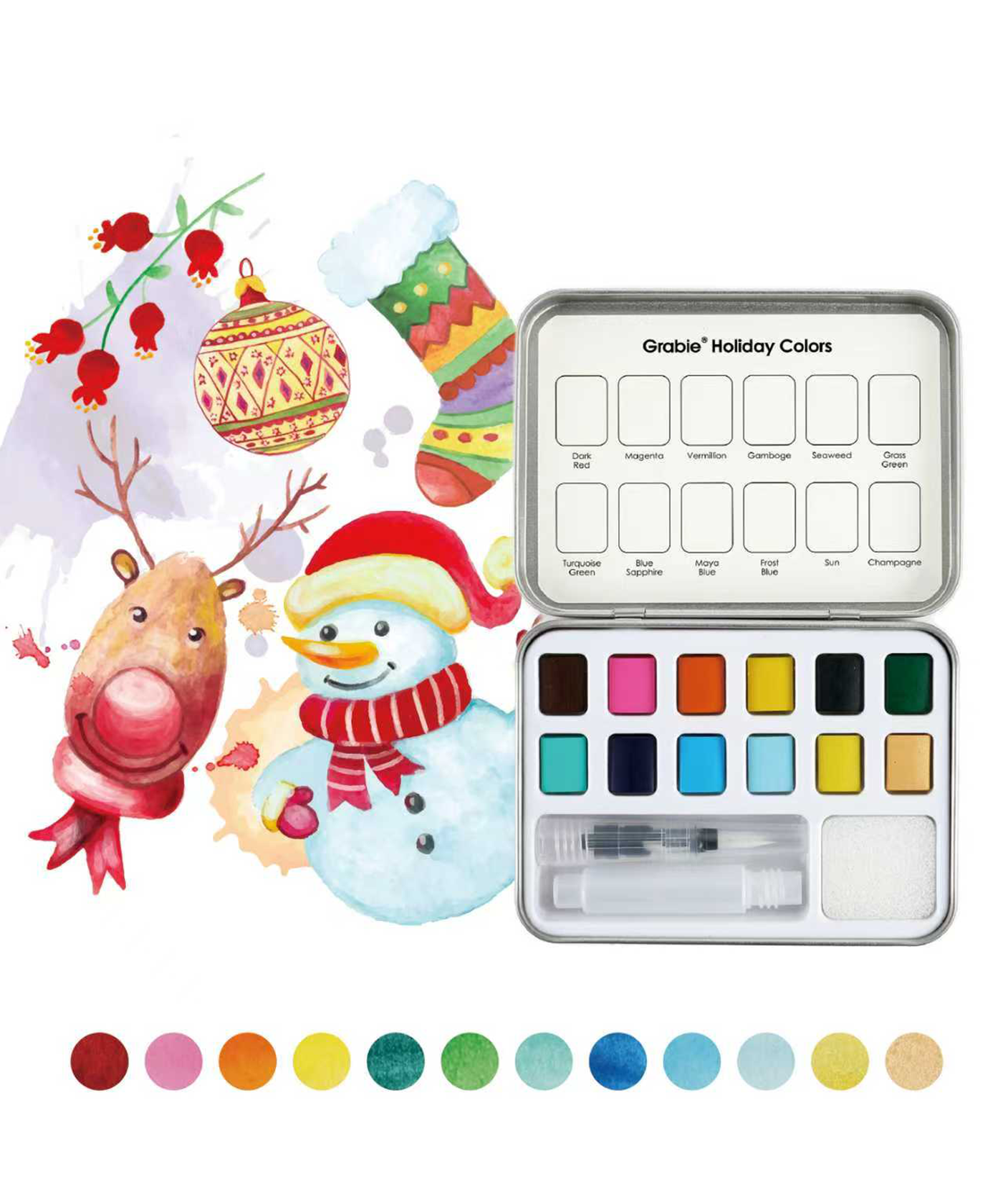 Watercolor Pocket Set Of 12 With Brush - Holiday Colors