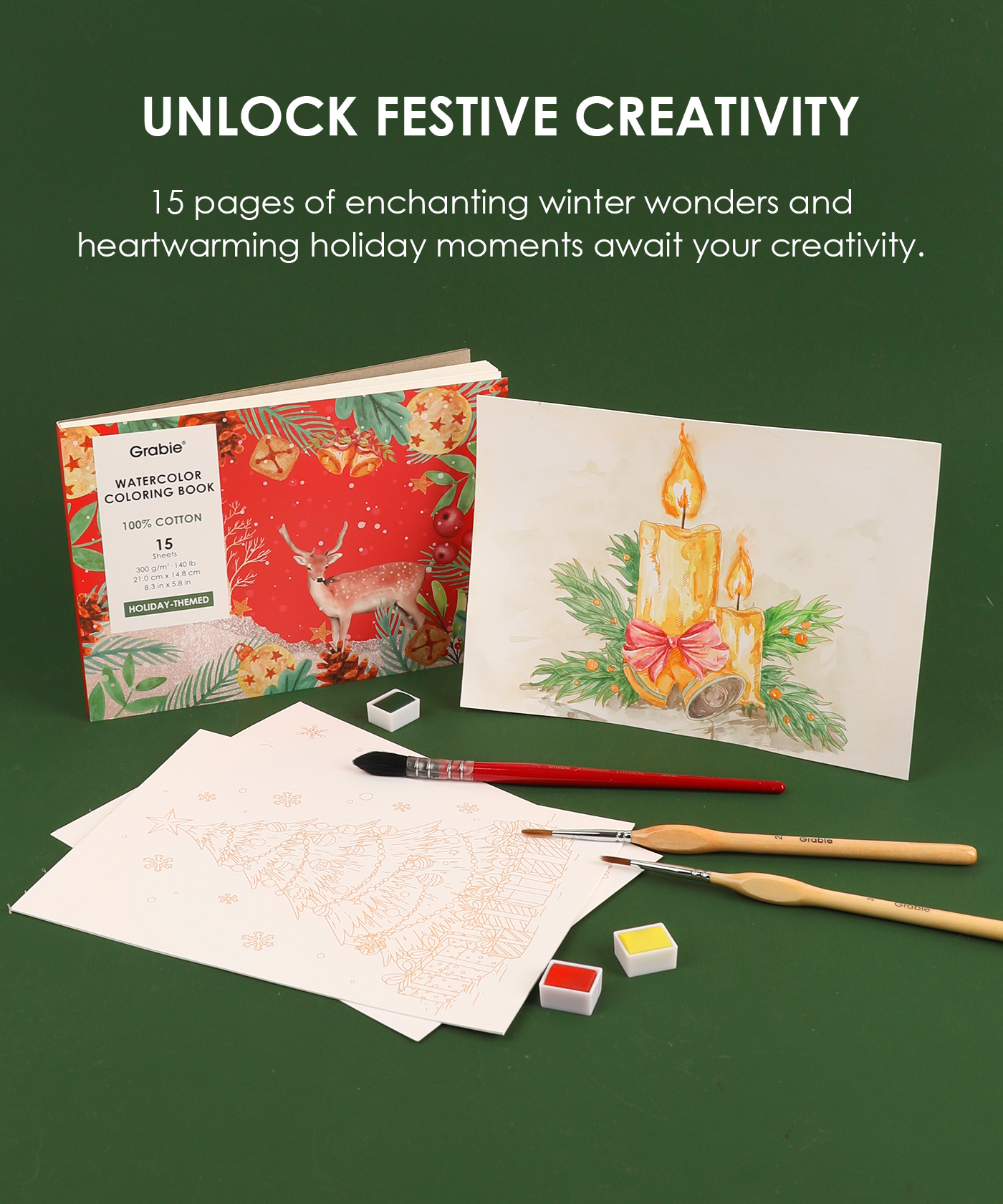15 Sheets 140LB Holiday-Themed Watercolor Coloring Book