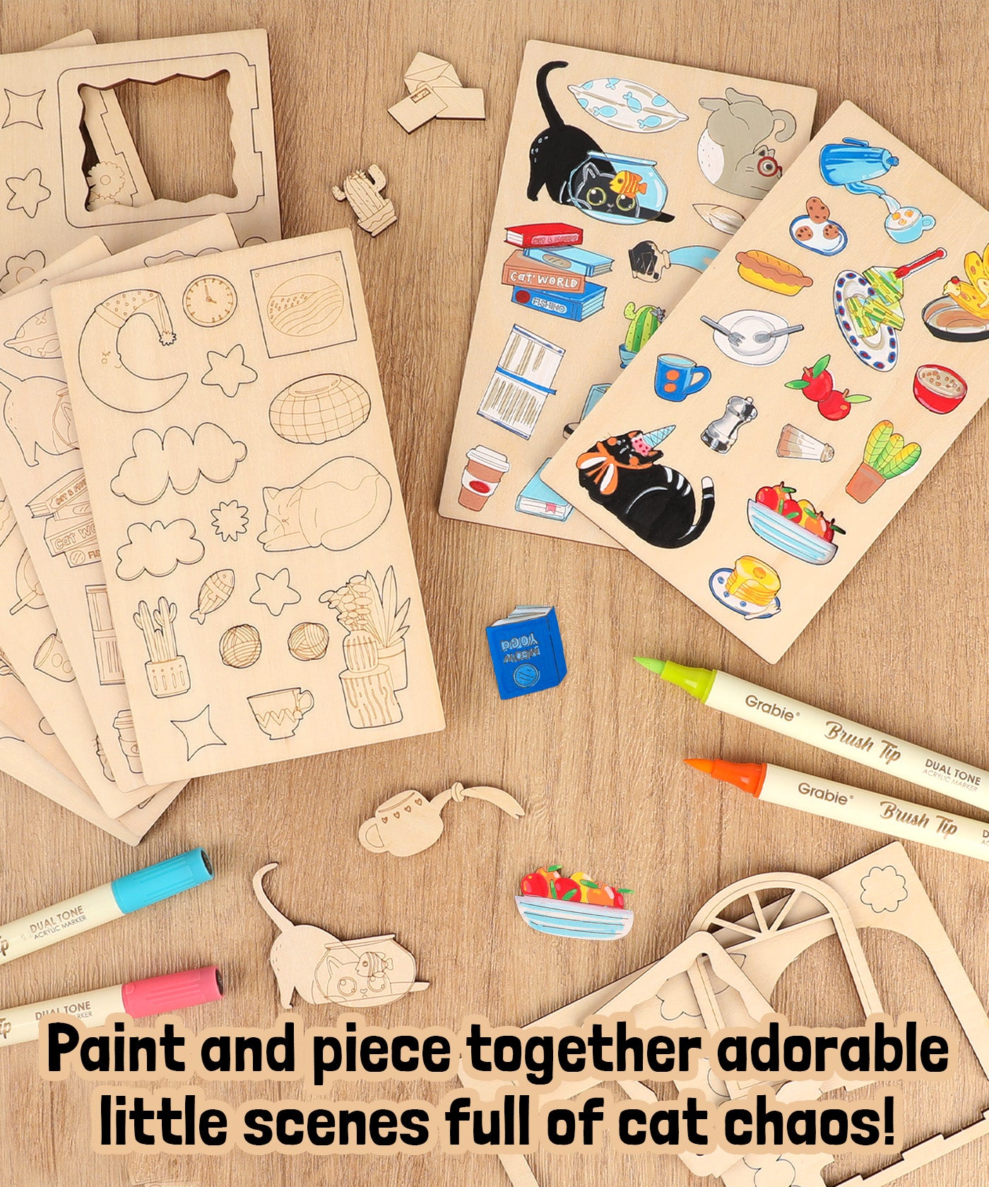 Painting small wooden cat craft pieces
