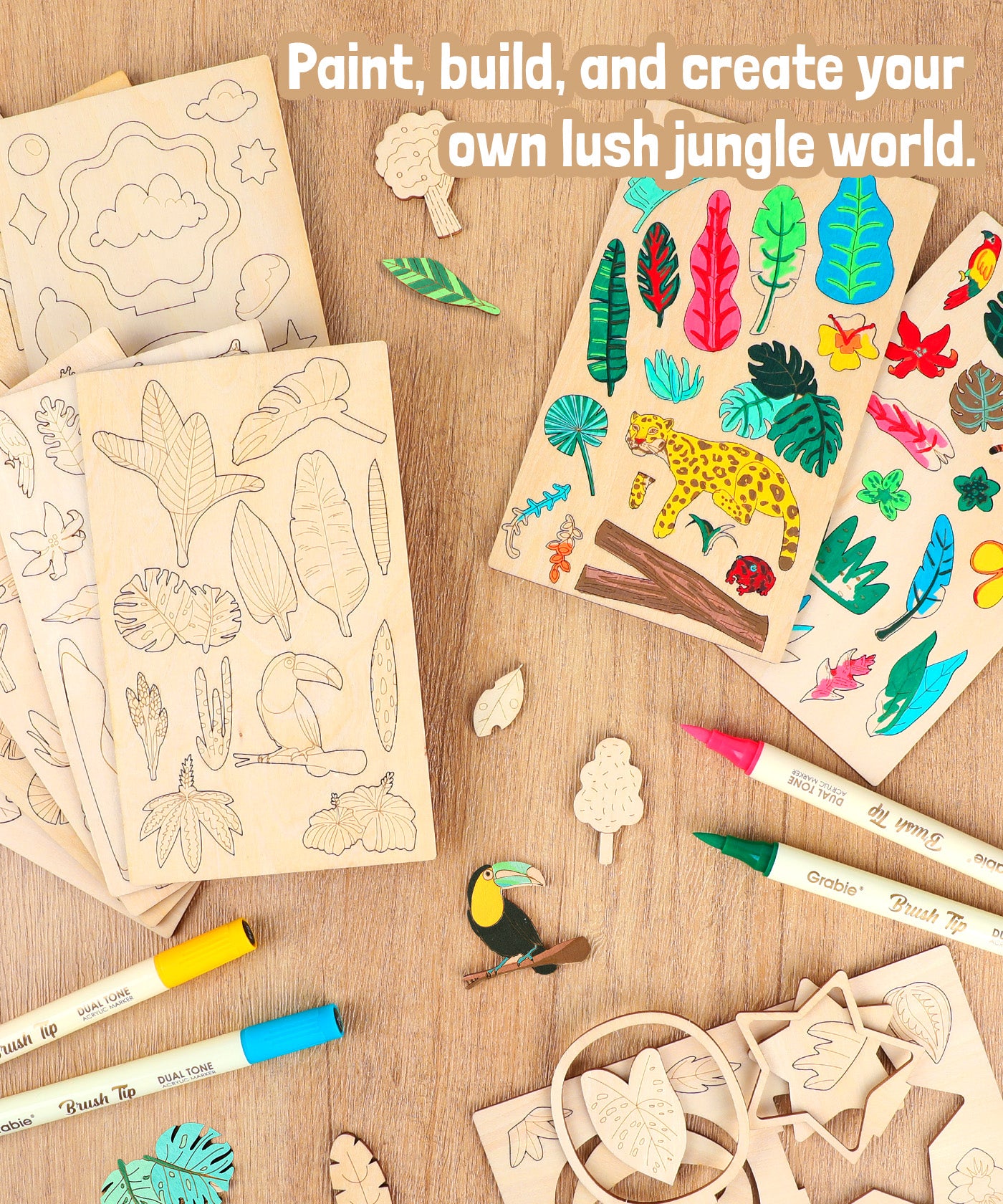 Wood painting craft kit pieces and acrylic markers