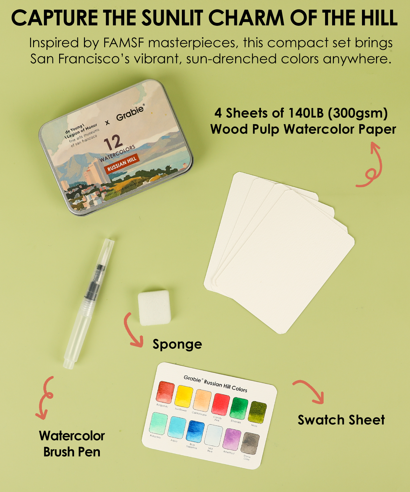 Grabie × FAMSF Watercolor Pocket Set of 12 with Brush - Russian Hill
