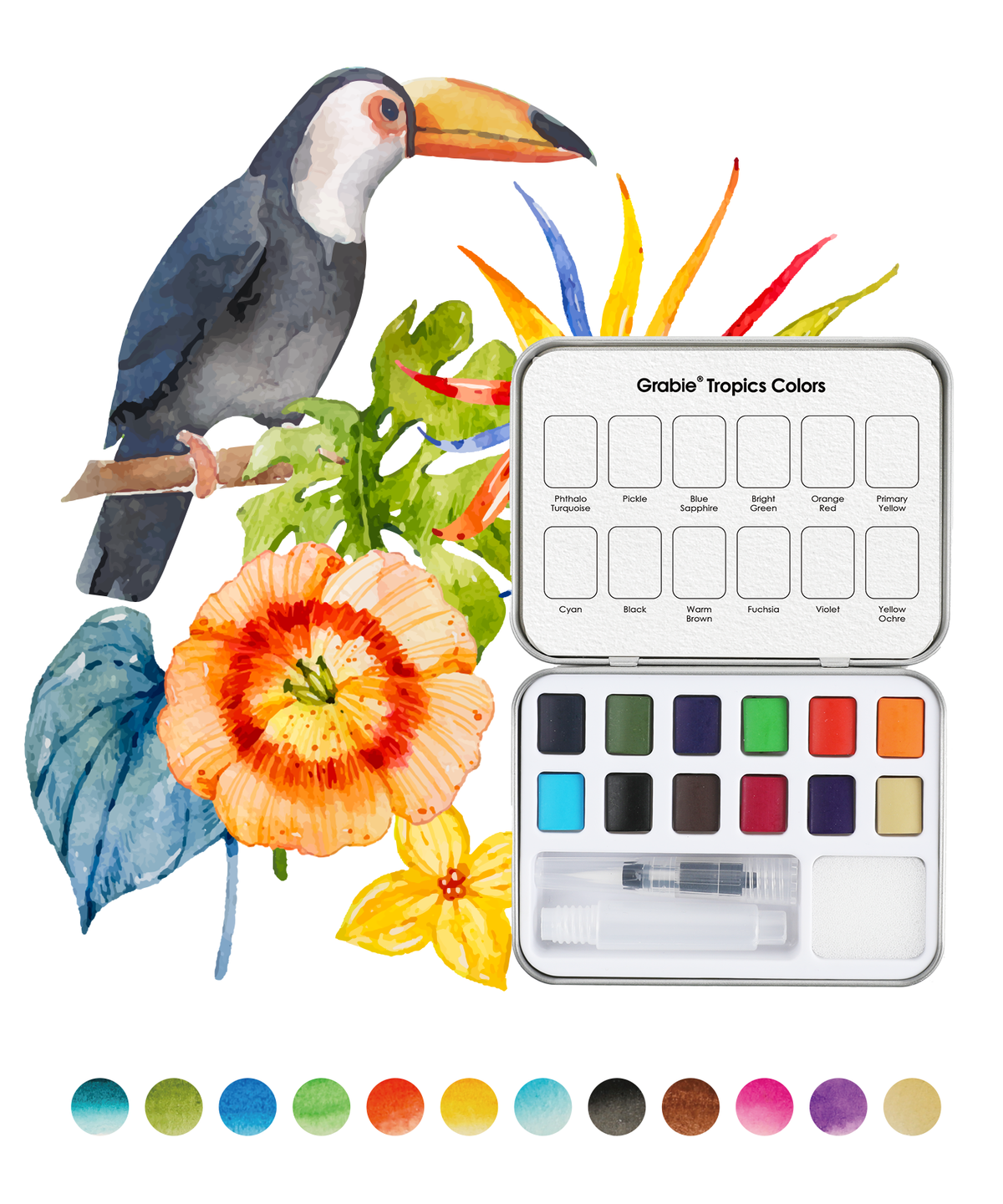 Watercolor Pocket Set Of 12 With Brush - Tropics Colors