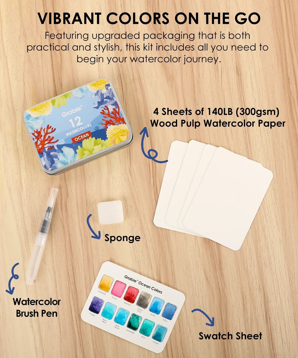 Watercolor Pocket Set Of 12 With Brush - Ocean Colors with brush pen, sponge, swatch sheet, and watercolor paper sheets on wood table