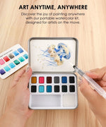 Watercolor Pocket Set Of 12 With Brush - Ocean Colors shown with a jellyfish painting in progress on a wooden surface