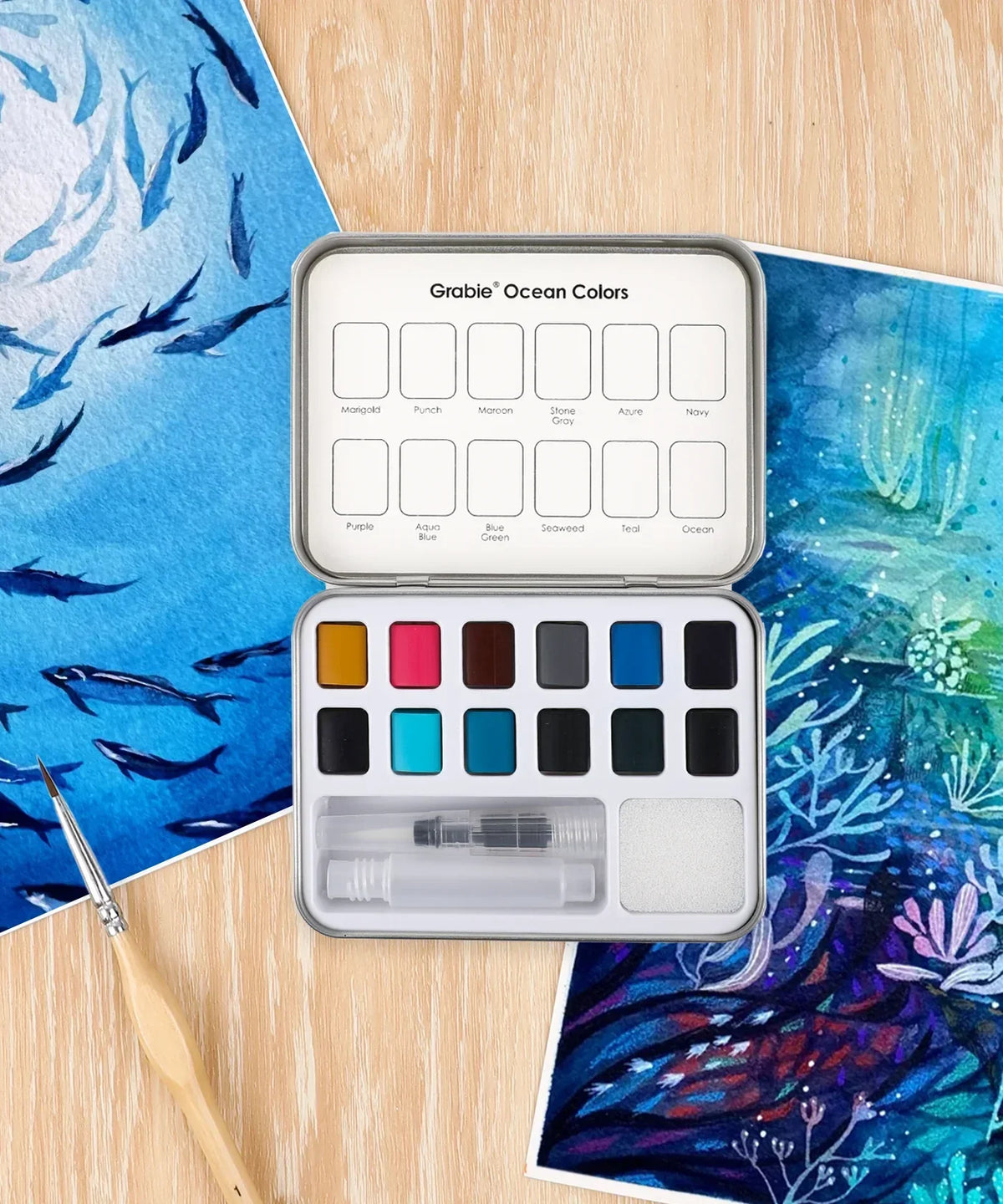 Watercolor Pocket Set Of 12 With Brush - Ocean Colors featuring vibrant ocean-inspired paint shades and a brush for art supplies.