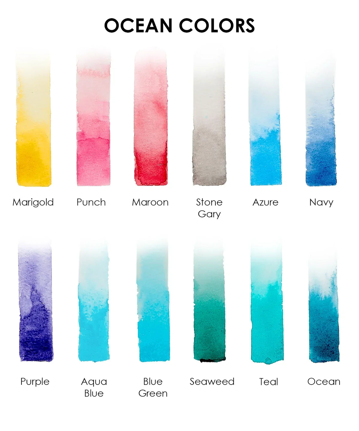 Color swatches for Watercolor Pocket Set Of 12 With Brush - Ocean Colors showing 12 ocean-inspired shades for art supplies.