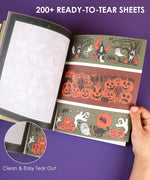 200+ Pages Halloween Party Night Collage Activity Book open showing tear-out sheets with spooky pumpkin and ghost designs