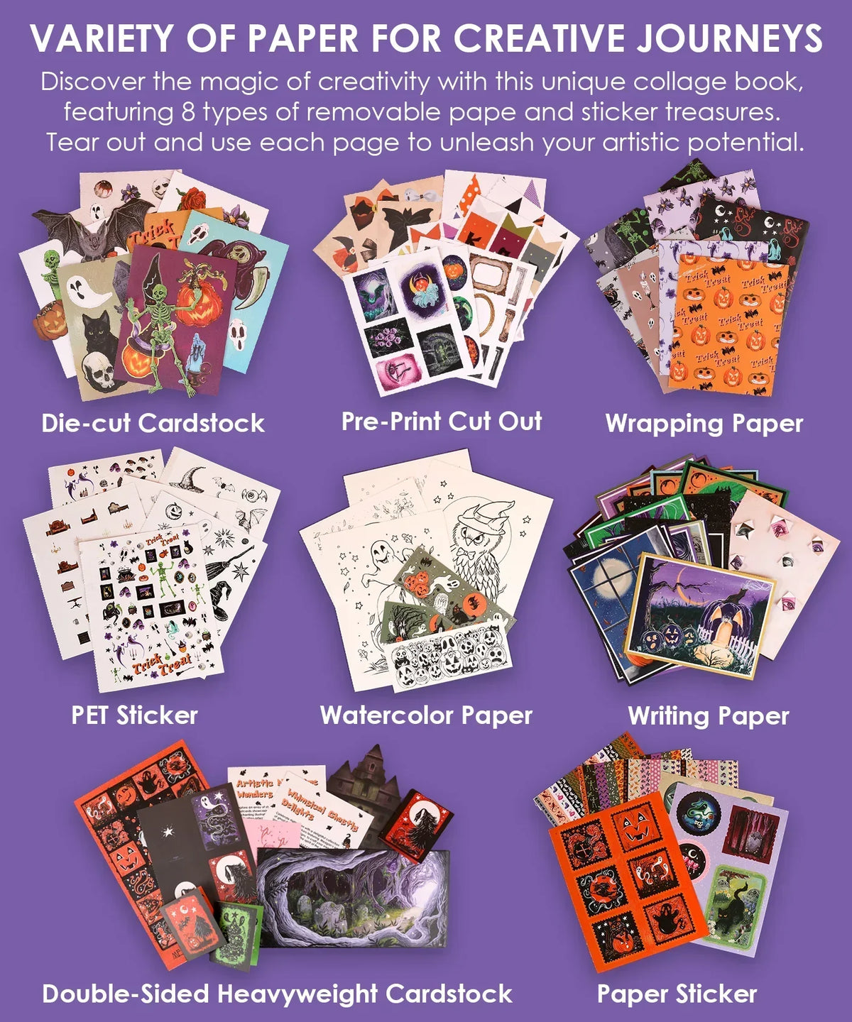 Various types of Halloween-themed paper and stickers included in the 200+ Pages Halloween Party Night Collage Activity Book
