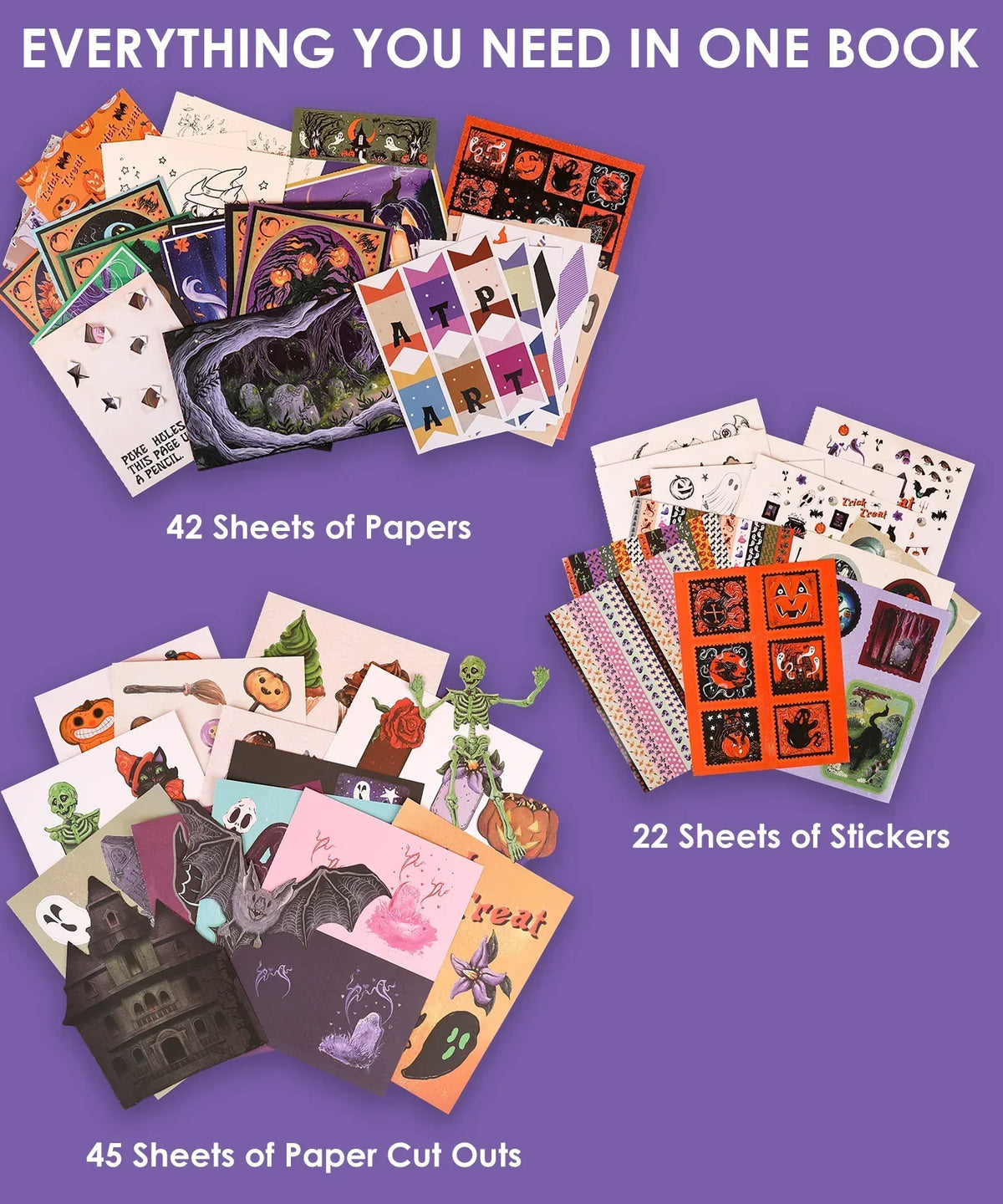 200+ Pages Halloween Party Night Collage Activity Book with colorful papers, stickers, and paper cutouts for crafting fun