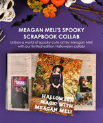 Open scrapbook pages themed Halloween with photos and text promoting 200+ Pages Halloween Party Night Collage Activity Book