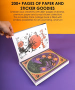 Hand holding the 200+ Pages Halloween Party Night Collage Activity Book open to spooky Halloween-themed sticker and paper pages