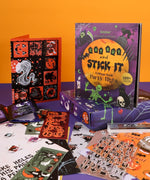 200+ Pages Halloween Party Night Collage Activity Book with spooky stickers and colorful Halloween art supplies displayed