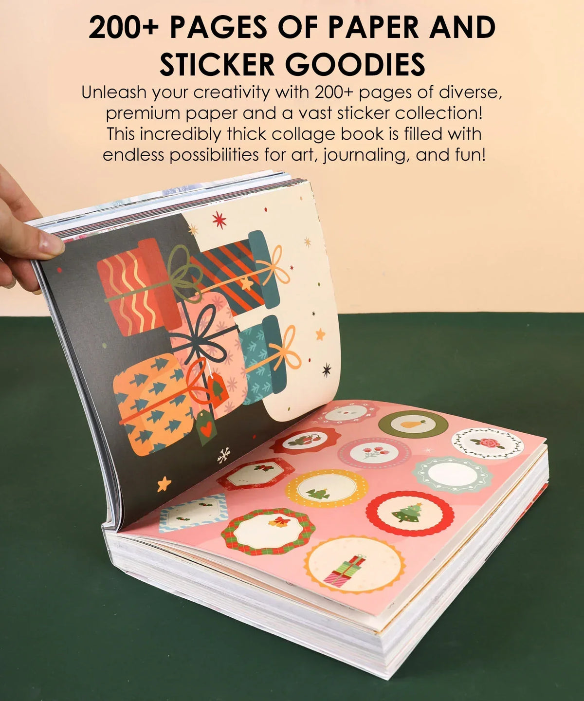 Open 200+ Pages Holiday Magic Collage Activity Book showing colorful holiday-themed paper and stickers for scrapbooking and art fun