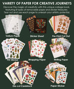 200+ Pages Holiday Magic Collage Activity Book showing variety of papers including vellum, stickers, wrapping, writing, and cardstock sheets