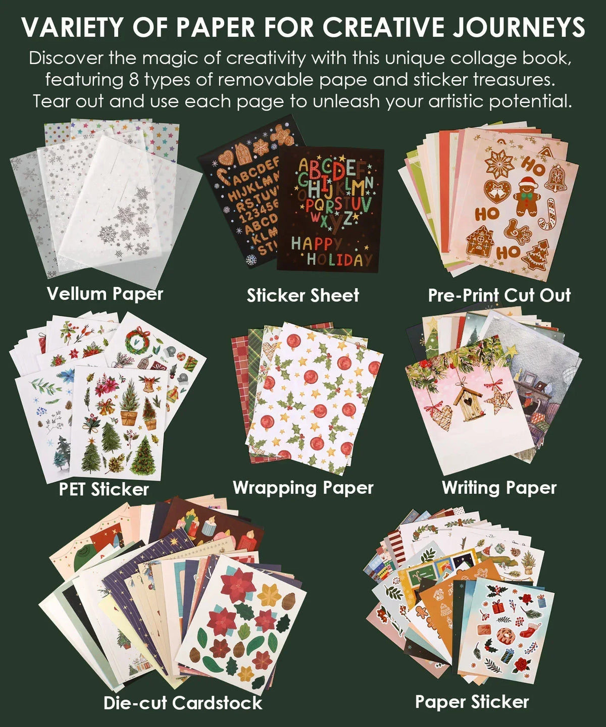 200+ Pages Holiday Magic Collage Activity Book showing variety of papers including vellum, stickers, wrapping, writing, and cardstock sheets