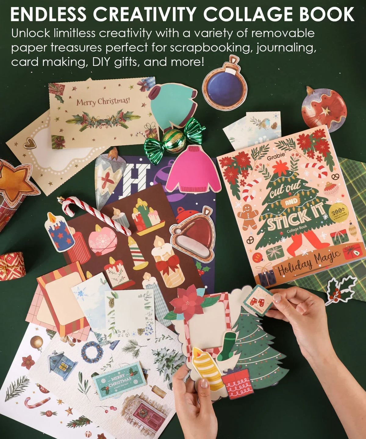 200+ Pages Holiday Magic Collage Activity Book with festive removable paper pieces for scrapbooking and DIY holiday crafts