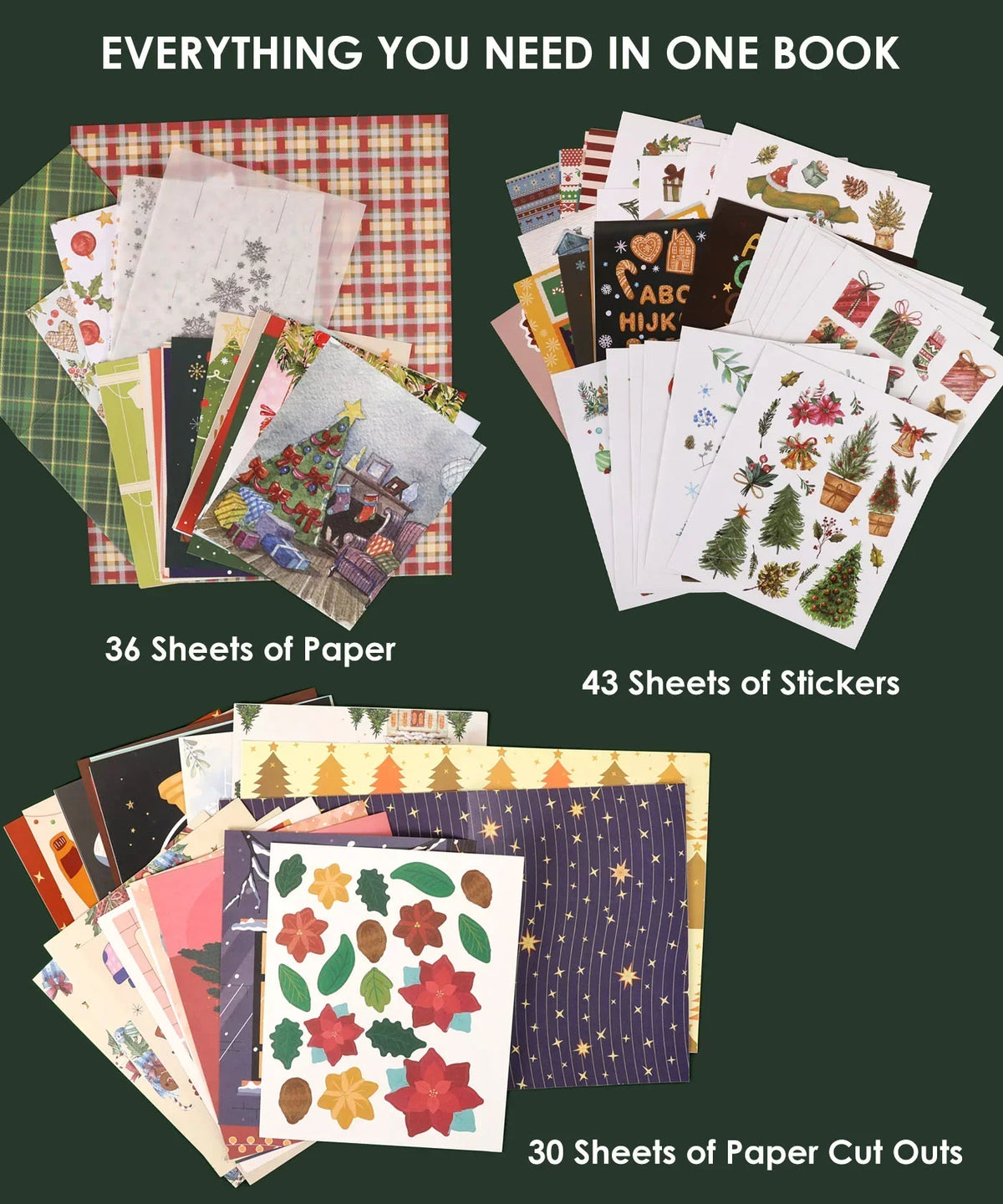 36 sheets of holiday-themed paper, 43 festive sticker sheets, and 30 paper cutouts in the 200+ Pages Holiday Magic Collage Activity Book