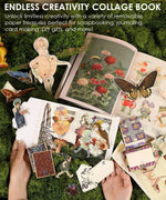 Hands holding pages from 200+ Pages The Botanical Muse Collage Activity Book with botanical and vintage paper elements scattered on grass