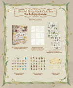 The Botanical Muse-Themed Grabie Scrapbook Club Box with collage book, textured paper, stickers, and gold star brads
