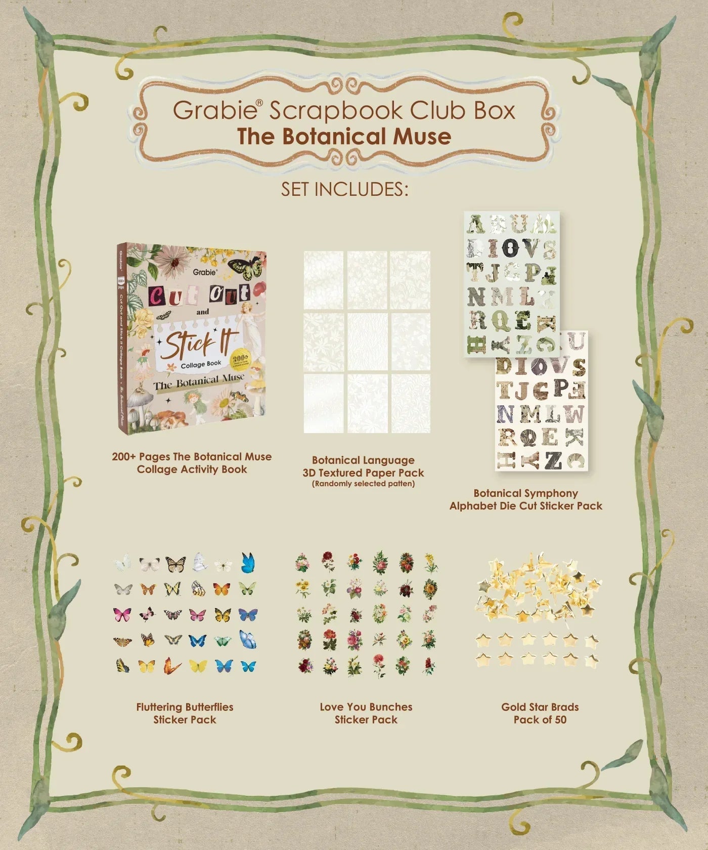 The Botanical Muse-Themed Grabie Scrapbook Club Box with collage book, textured paper, stickers, and gold star brads