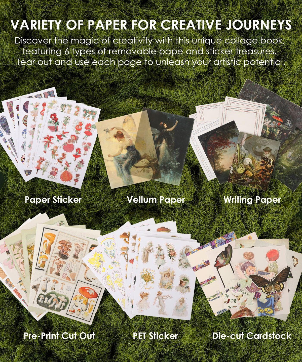 The Botanical Muse-Themed Grabie Scrapbook Club Box includes various art supplies like stickers, vellum, writing paper, and cardstock.