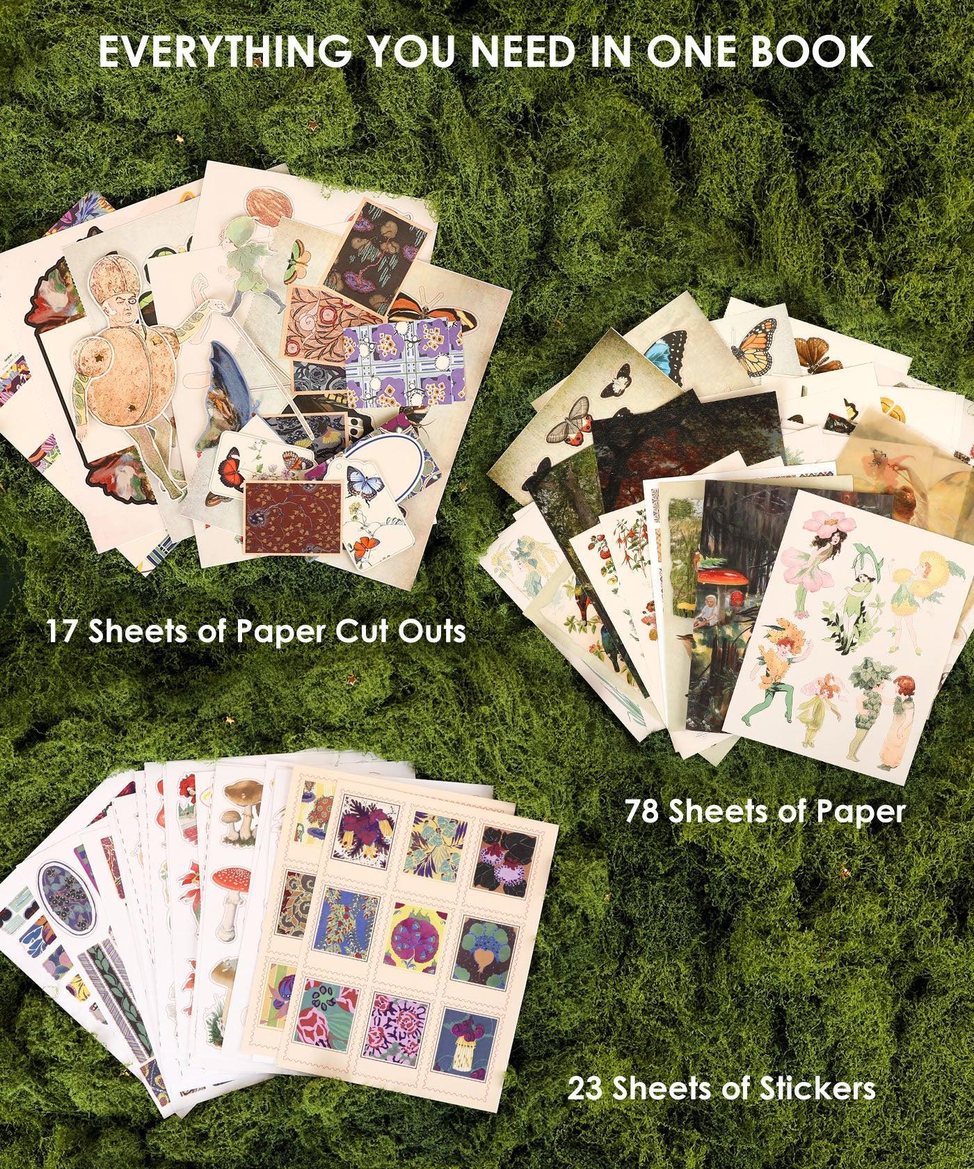 The Botanical Muse-Themed Grabie Scrapbook Club Box showing paper cut outs, sheets, and stickers on green moss background