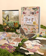 The Botanical Muse-Themed Grabie Scrapbook Club Box with butterfly, flower cutouts, and collage art supplies on moss background.