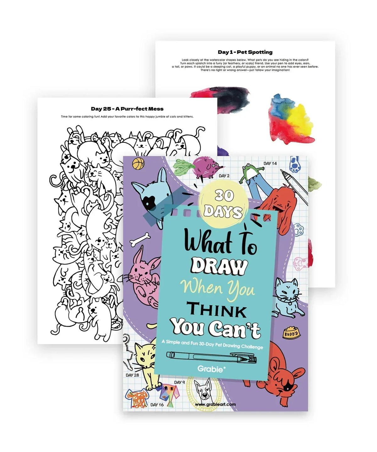 Cover and sample pages from What to Draw When You Think You Can’t - Pet Edition featuring colorful pet illustrations and drawing prompts