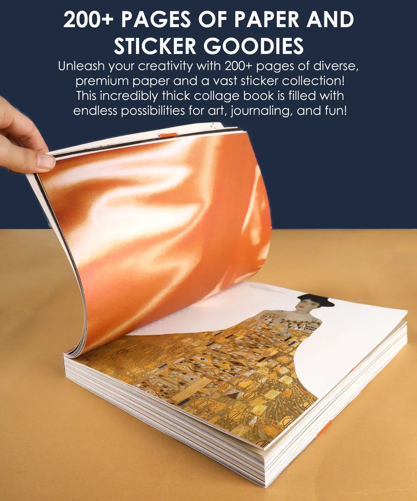 Open 200+ Pages Threads of Time Collage Activity Book showing glossy paper and detailed collage art inside