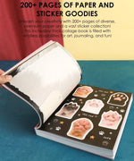 Open "200+ Pages My Furry Family Collage Activity Book" showing sticker page with cute animal paw prints and decorative elements