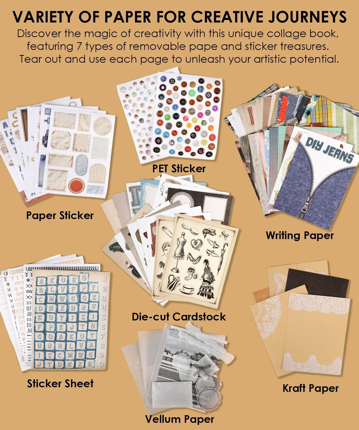 200+ Pages Threads of Time Collage Activity Book showing varied paper types including stickers, cardstock, vellum, kraft, and writing paper.