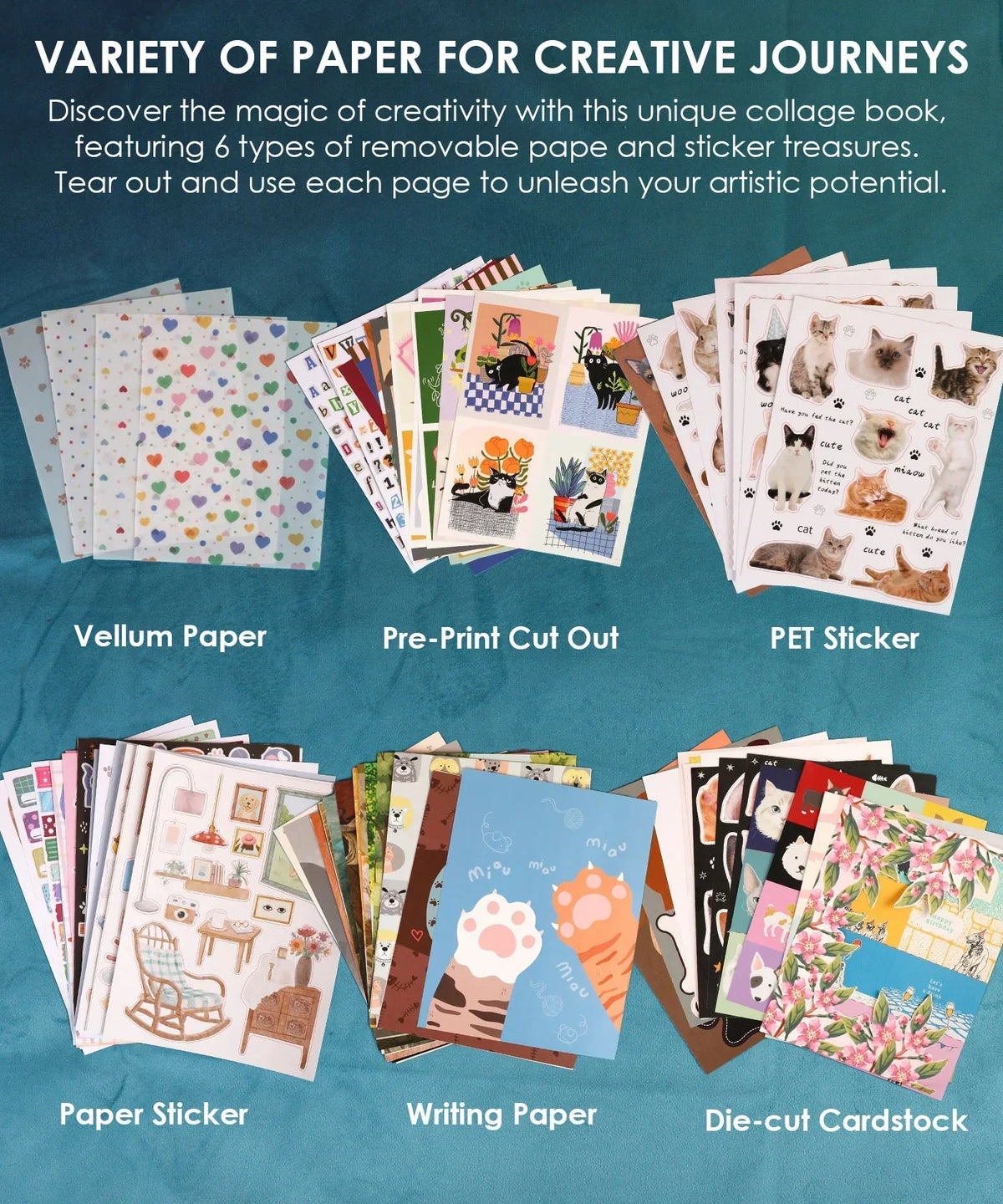 Variety of paper types including vellum, pre-print cut outs, PET stickers, and more in 200+ Pages My Furry Family Collage Activity Book