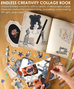Hands arranging vintage-themed collage pieces for scrapbooking with art supplies in Threads Of Time-Themed Grabie Scrapbook Club Box