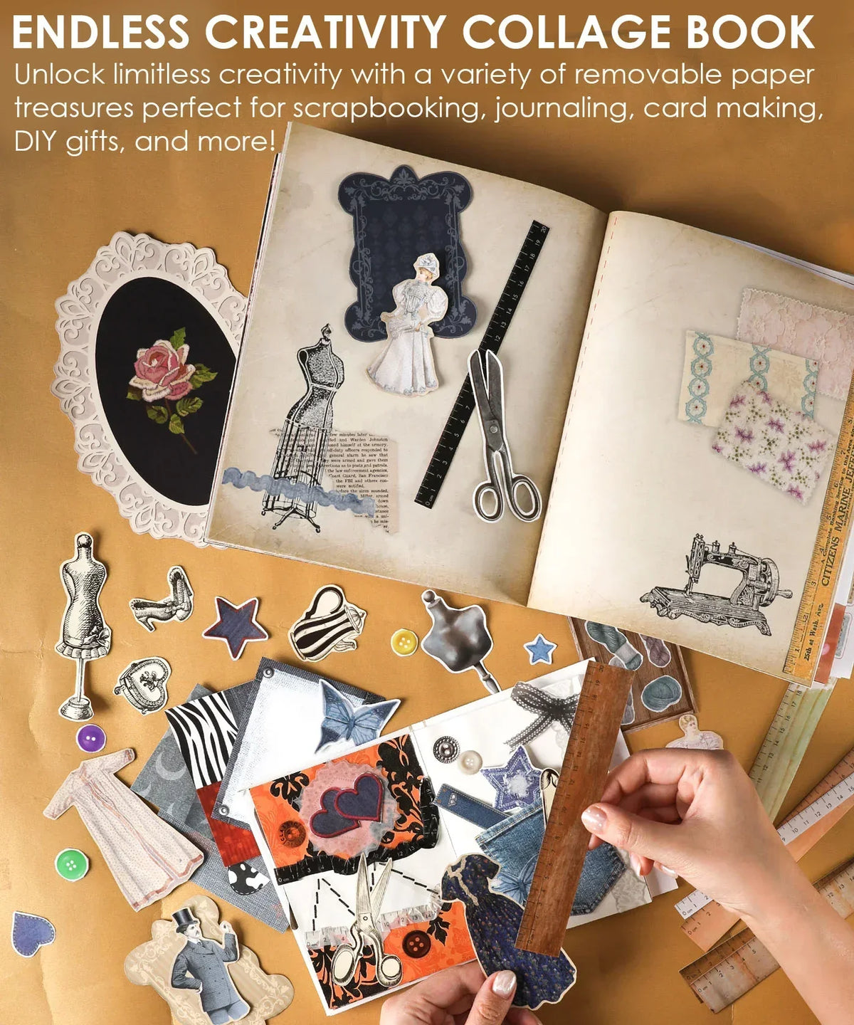 Hands arranging vintage-themed collage pieces for scrapbooking with art supplies in Threads Of Time-Themed Grabie Scrapbook Club Box