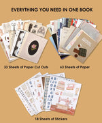 Open pages showing paper cutouts, plain sheets, and sticker sheets from the 200+ Pages Threads of Time Collage Activity Book