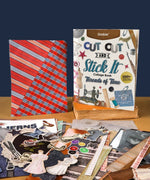 200+ Pages Threads of Time Collage Activity Book with vintage cutouts and scrapbook art supplies on table