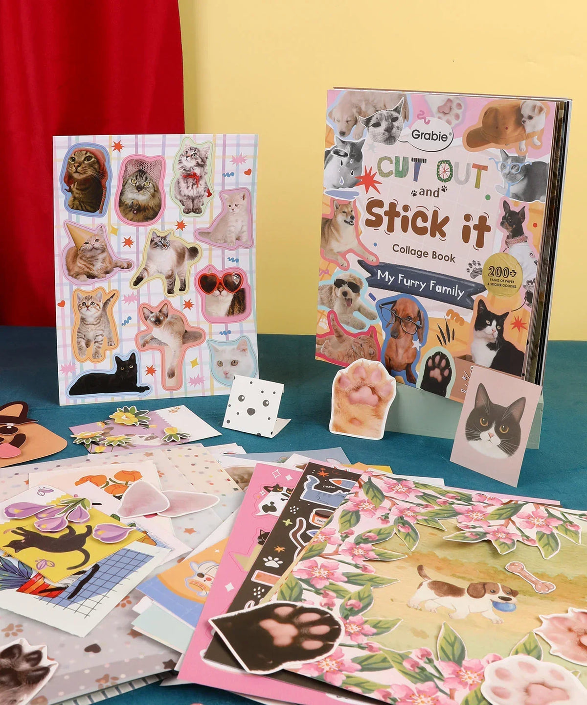 200+ Pages My Furry Family Collage Activity Book with cat and dog stickers, craft papers, and cut-out collage elements