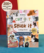 Cover of 200+ Pages My Furry Family Collage Activity Book with colorful pet photos and sticker graphics on a pink background