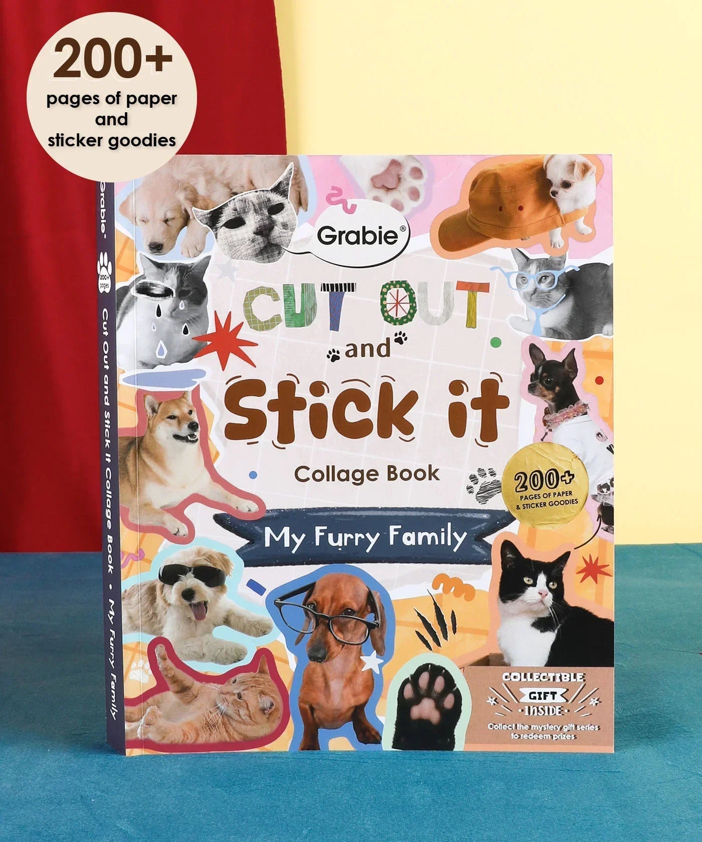 Cover of 200+ Pages My Furry Family Collage Activity Book with colorful pet photos and sticker graphics on a pink background