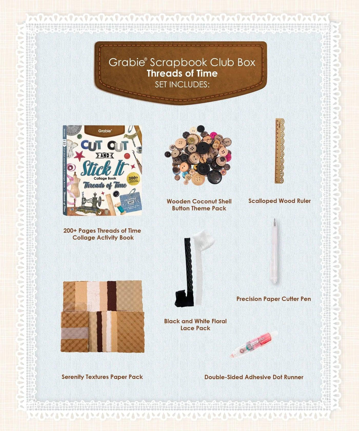 Threads Of Time-Themed Grabie Scrapbook Club Box with collage book, buttons, paper packs, lace, ruler, cutter pen, and adhesive runner