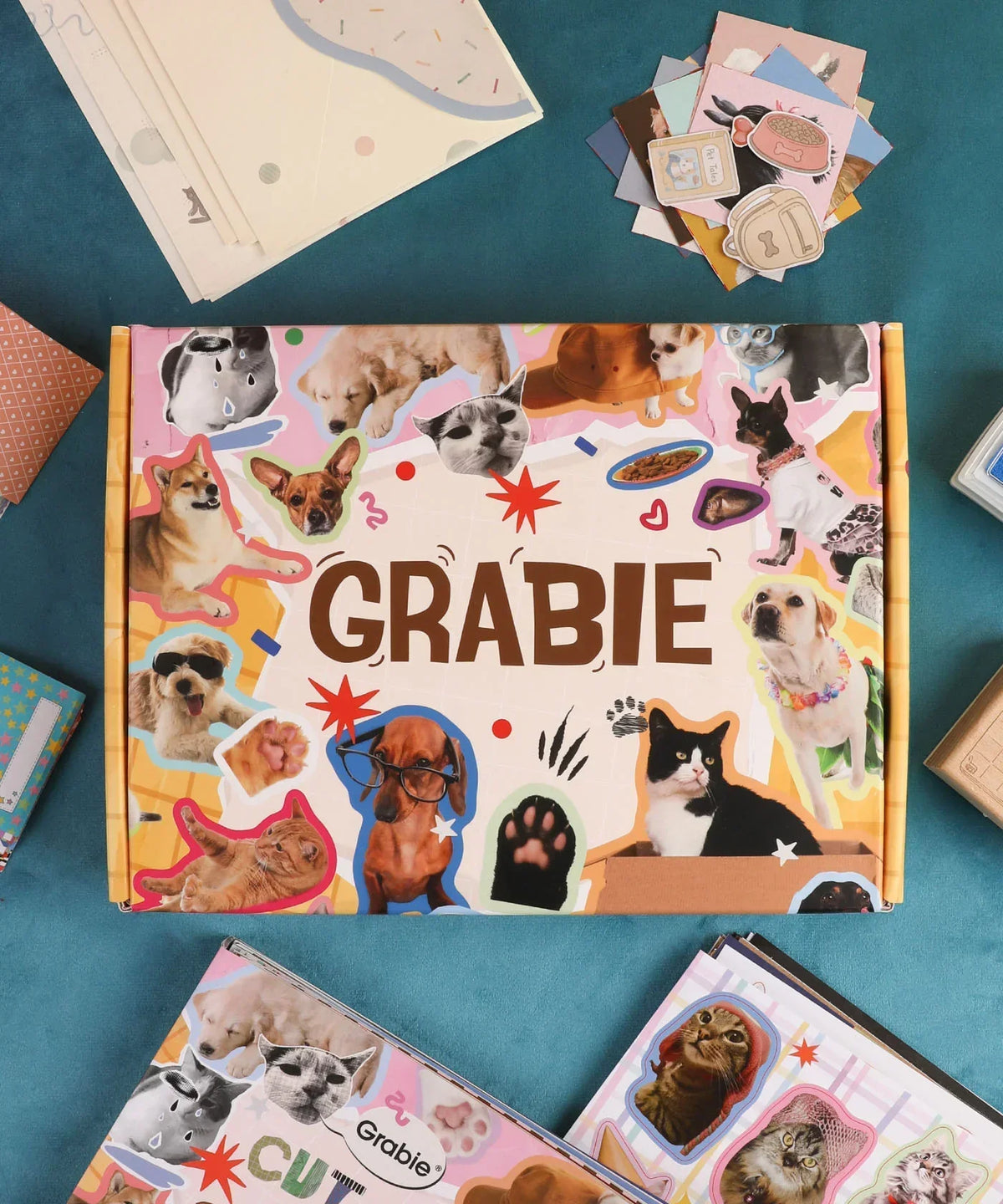 My Furry Family-Themed Grabie Scrapbook Club Box with dog and cat stickers and colorful scrapbook supplies on teal background