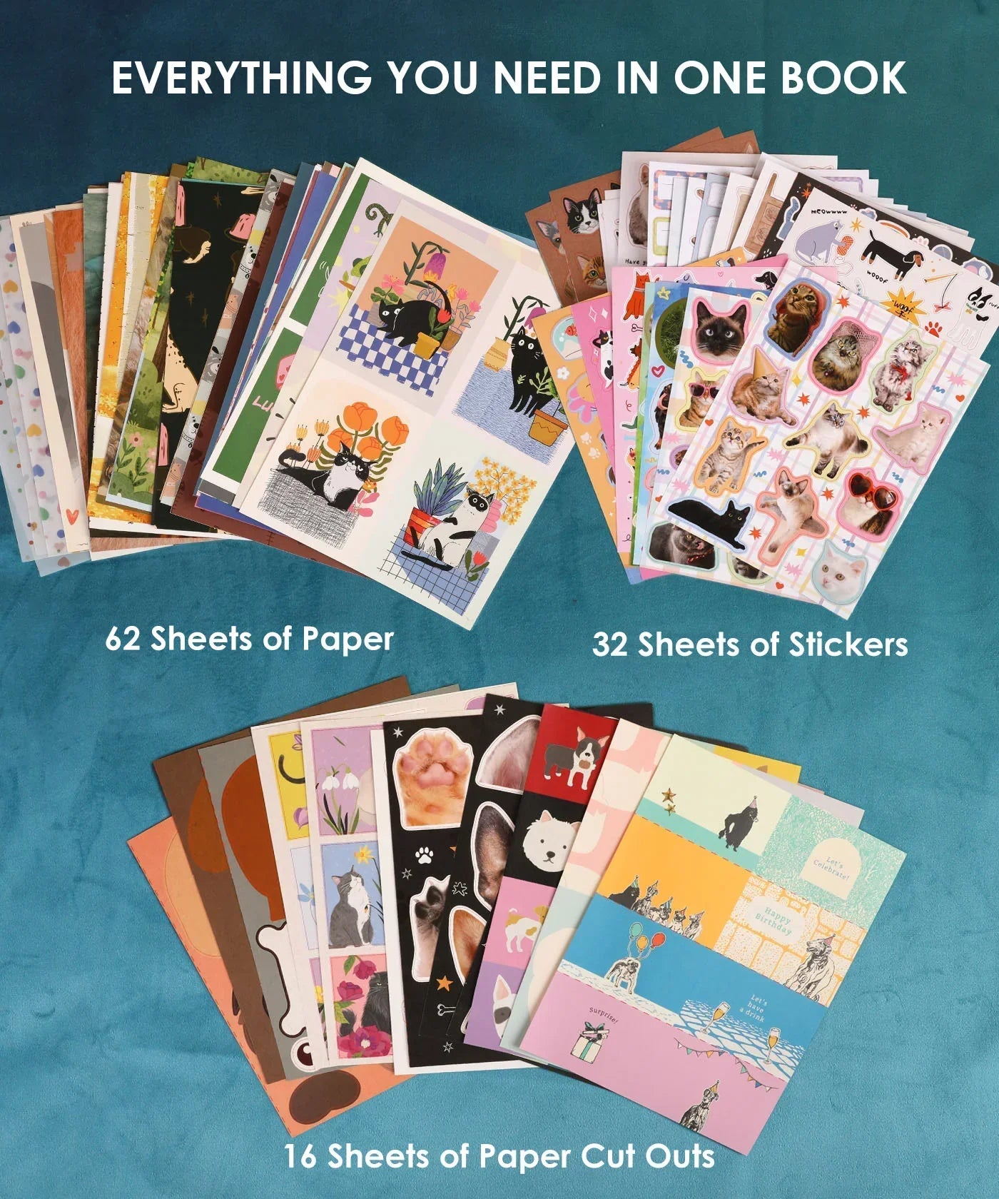 My Furry Family-Themed Grabie Scrapbook Club Box featuring sheets of decorative paper, stickers, and cut out art supplies