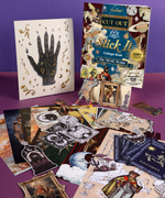 Grabie Scrapbook Club Box with mystical collage book, cutouts, art supplies, and themed decorative scrapbook elements.