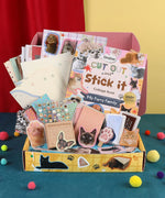 My Furry Family-Themed Grabie Scrapbook Club Box with cat stickers, collage book, and scrapbook supplies displayed in open box