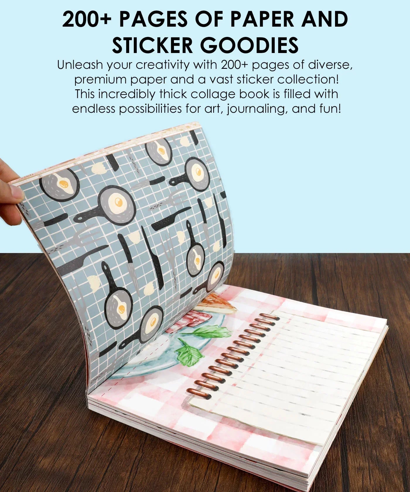 Open 200+ Pages The Flavor Folio Collage Activity Book showing illustrated papers and sticker sheet for creative projects